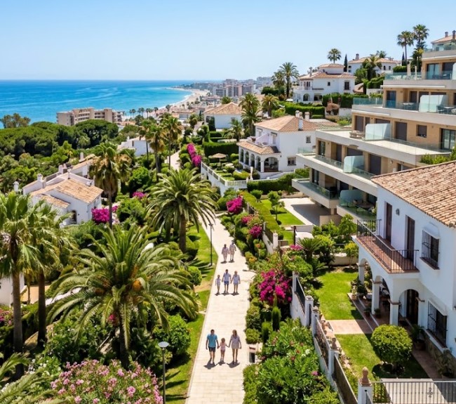 Vistas de las villas, apartamentos y jardines junto al Parque de la Batería en Montemar, Torremolinos, Málaga
